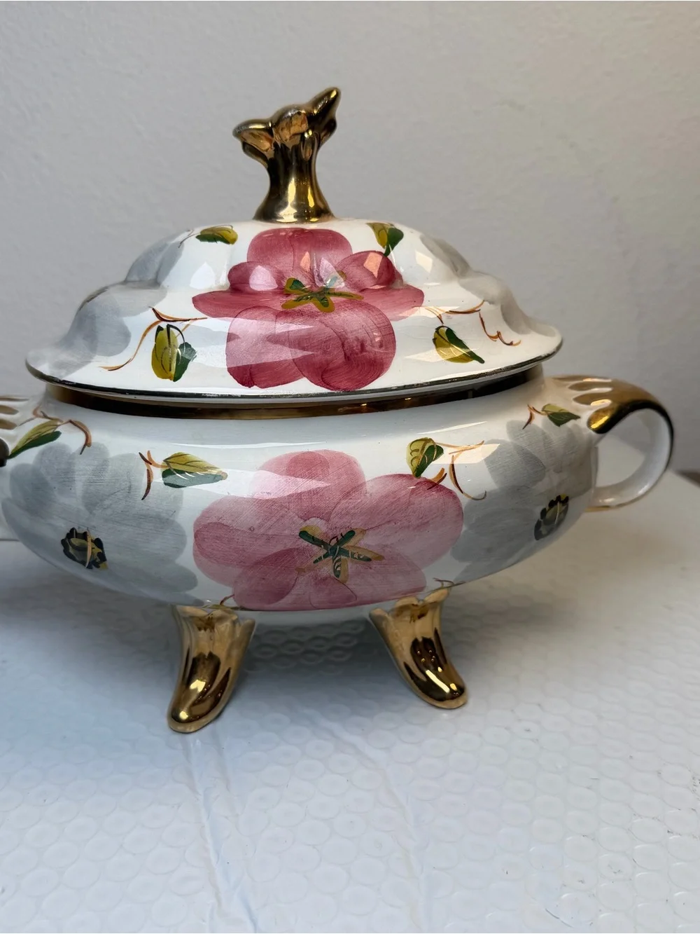 Vintage Pereiras Valado Portugal Hand Painted Floral Gold Footed Soup Tureen